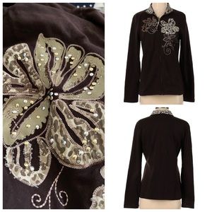 JM COLLECTION Front Zip brown Leopard Embellished Jacket.